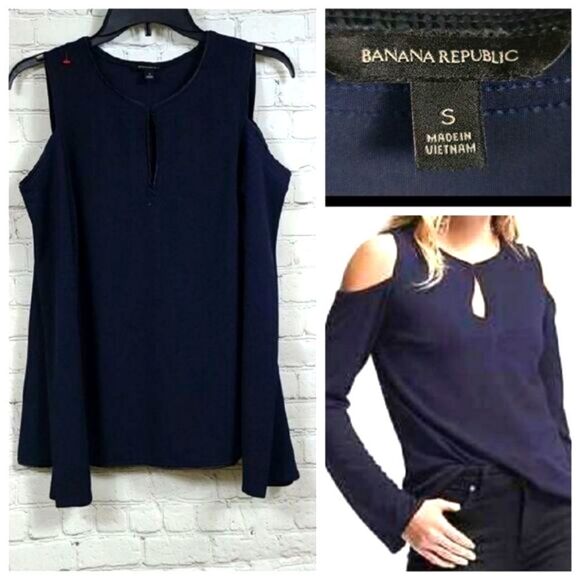 Banana Republic Tops - Banana Republic Navy Crepe Cold Shoulder Blouse Career Top Long Sleeve Textured